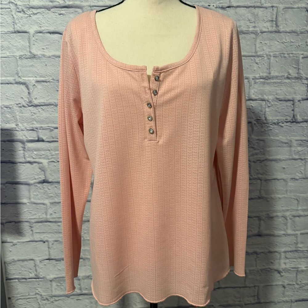 Jessica Simpson Pink Long Sleeve Waffle Henley Top